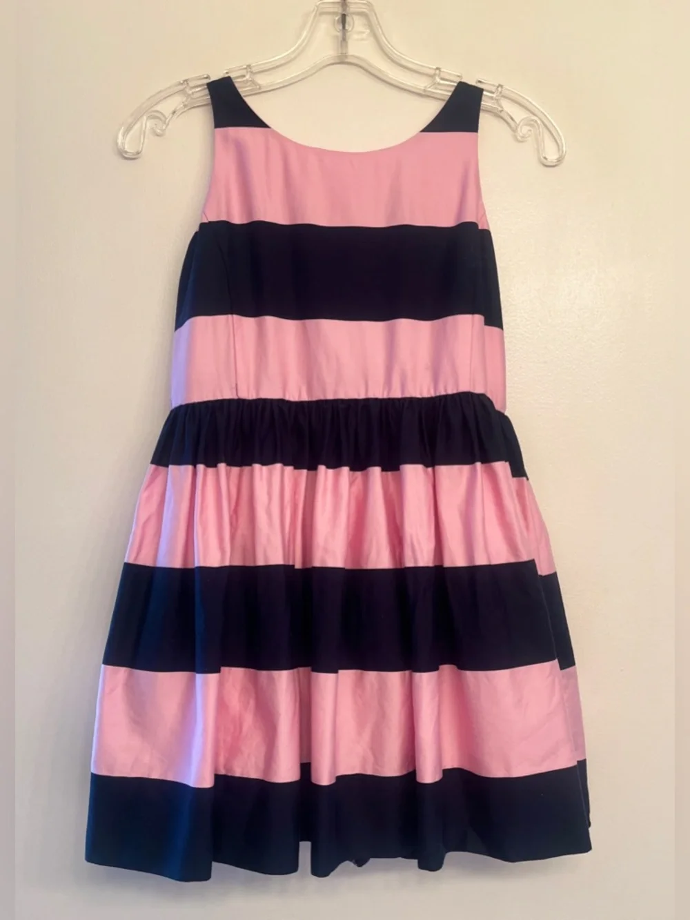 Ralph Lauren sleeveless dress features wide navy and pink horizontal stripes